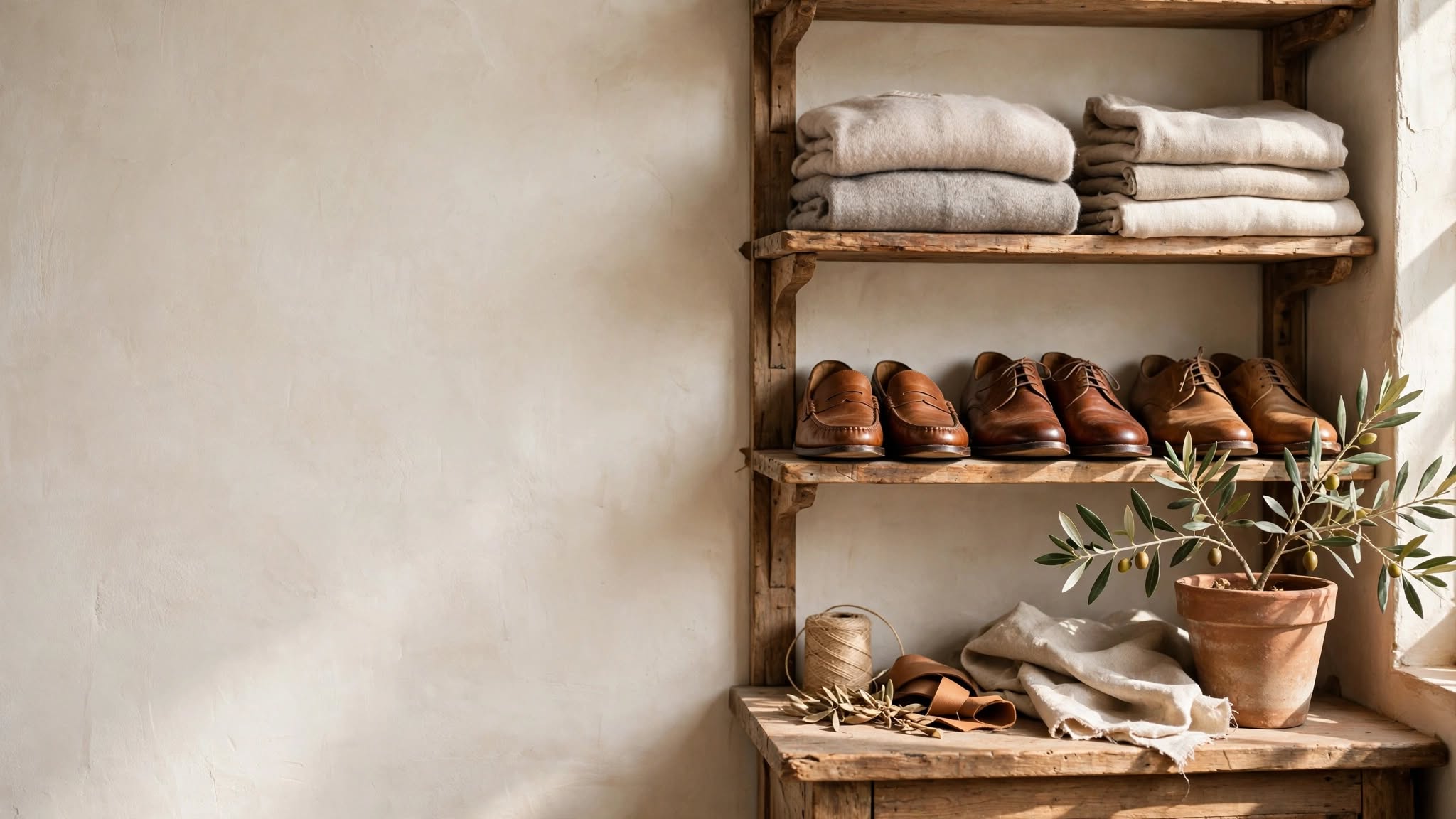 Scarpe in pelle, maglioni in cashmere e un ulivo in vaso su una mensola di legno