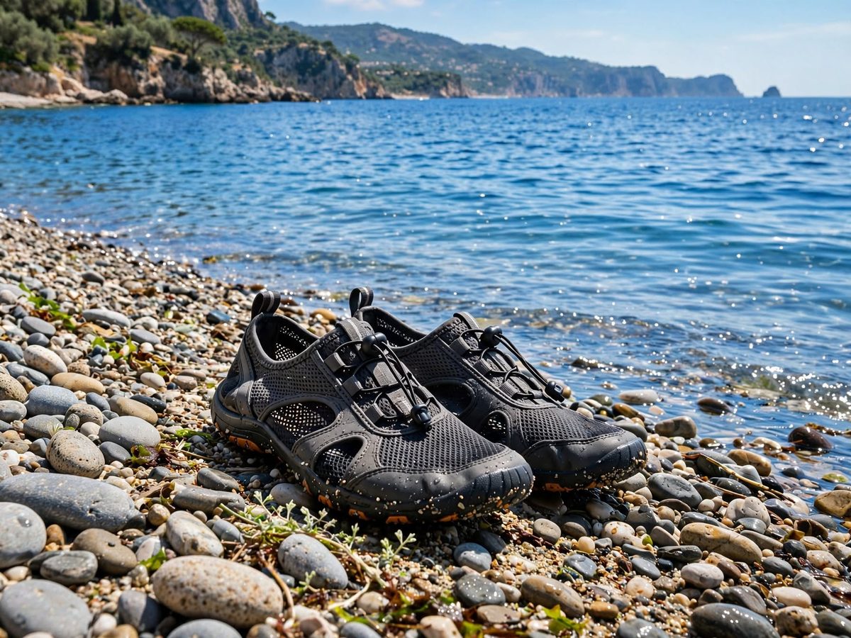 Scarpette da mare su una spiaggia di ciottoli (immagine illustrativa)