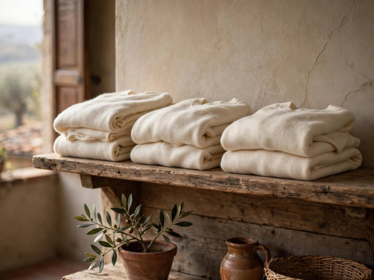 Maglioni in cashmere piegati su una mensola di legno (immagine illustrativa)