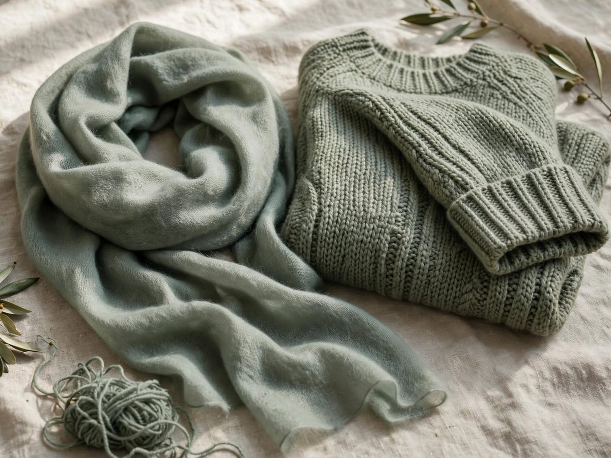 Sciarpa e maglia in cashmere verde chiaro (immagine illustrativa)