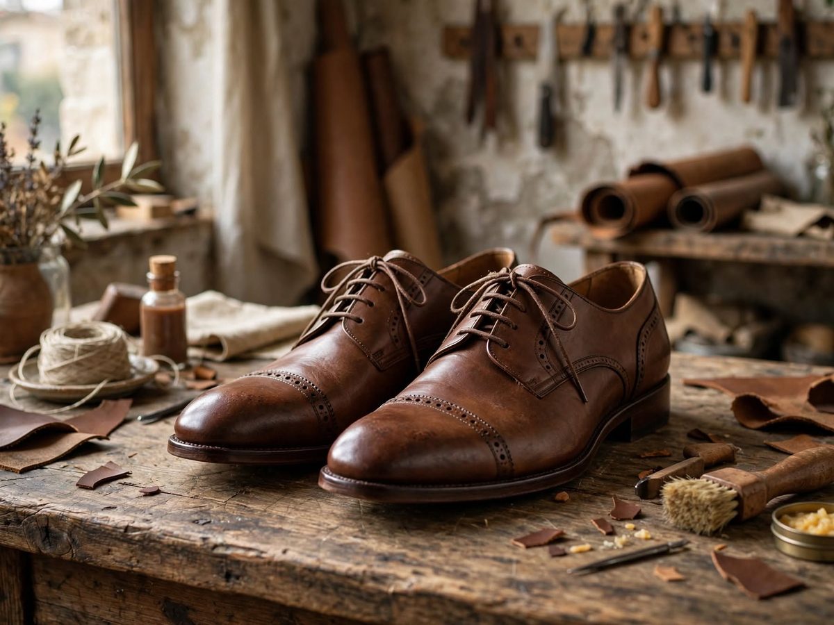 Scarpe in pelle marrone su un banco da lavoro (immagine illustrativa)