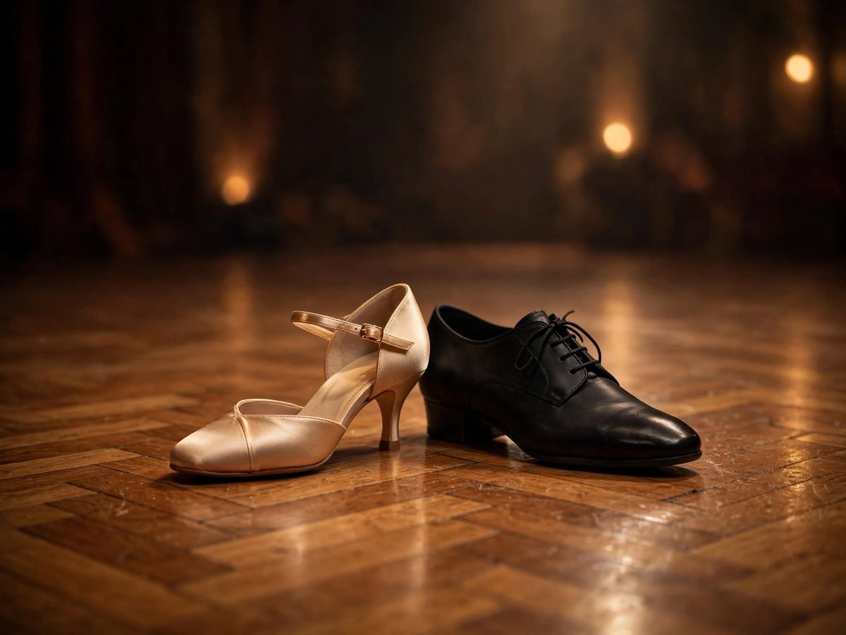 Scarpe da ballo su un parquet con luci calde (immagine illustrativa)